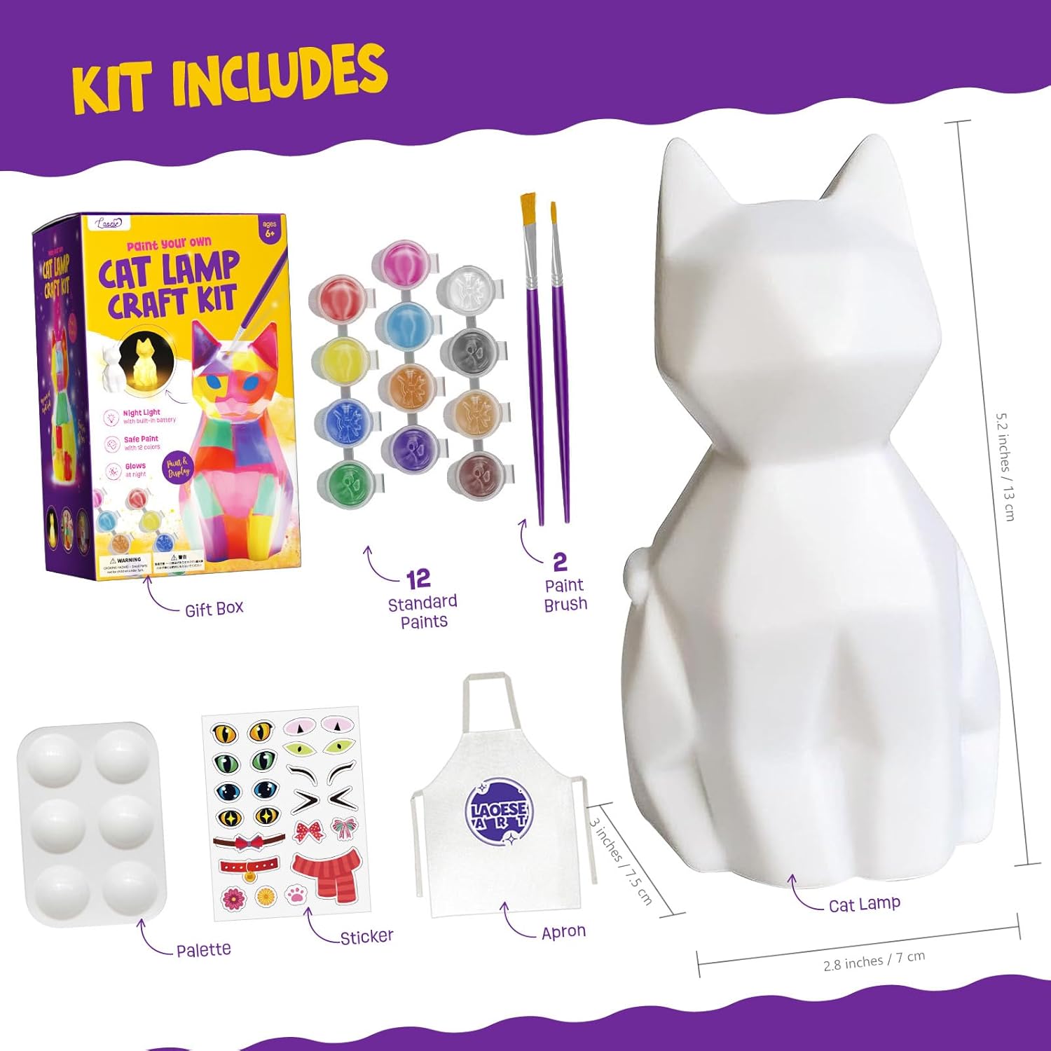 Paint Your Own Cat Lamp Kit, Arts And Crafts For Kids Ages 8-12, Art Supplies Painting Kit For Kids 6-12, Cat Night Light Toys Girls Boy Birthday Christmas Gifts For Kid Ages 3 4 5 6 7 8 9 10 11 12+