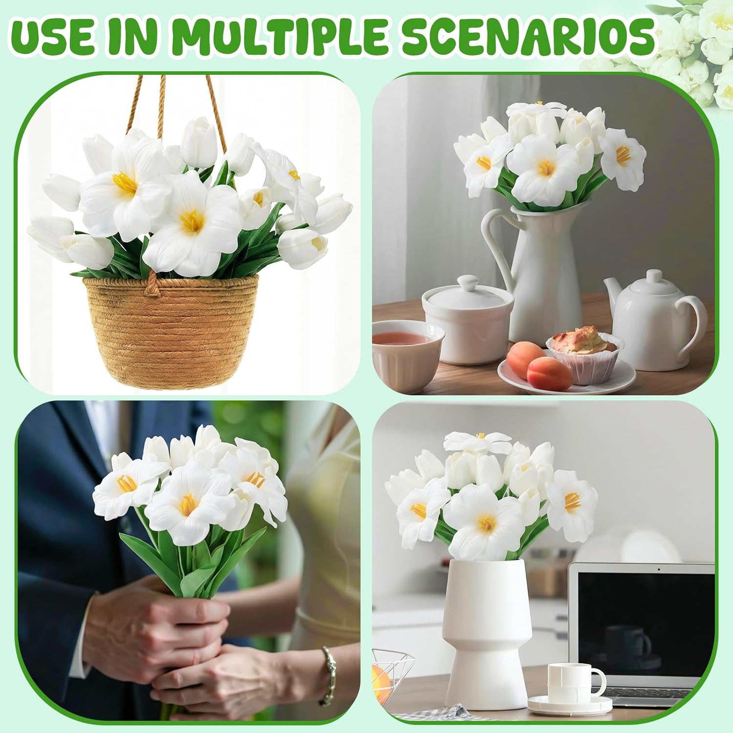 16 Pcs Artificial Tulips Flowers White Pu Realistic Faux Tulip Stems 12 Buds & 4 Full Blooms Fake Flowers For Home Table Wedding Spring Easter Decor