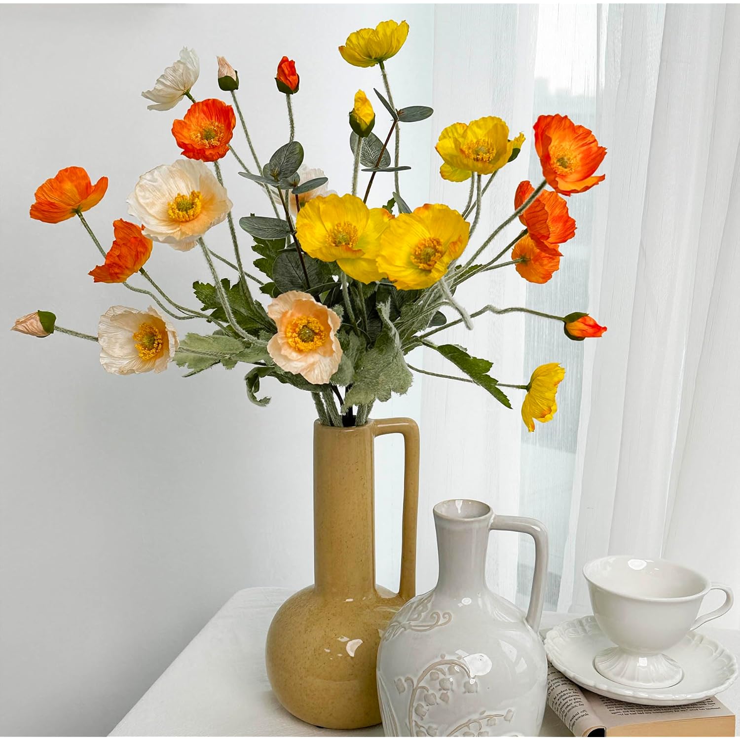 Poppy Artificial Flowers And Eucalyptus Stems, Fake Orange And Yellow Champagne Flowers, Silk Flowers Arrangement For Wedding Party Farmhouse Home Office Table Centerpieces Decoration