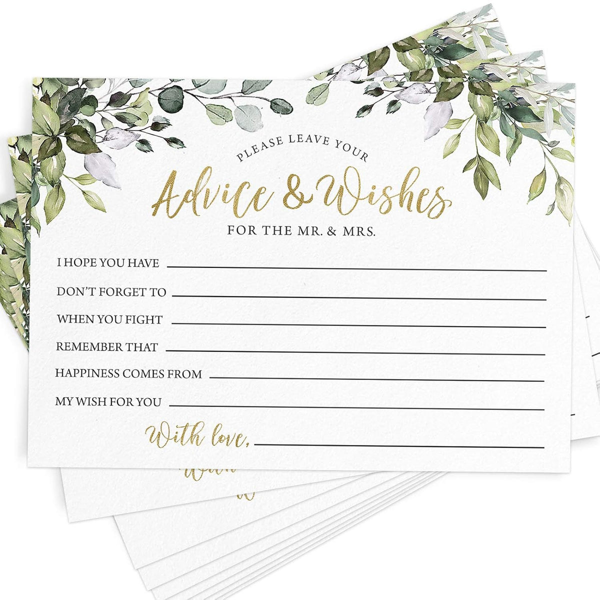 Advice And Wishes For The Mr And Mrs – Wedding Advice Cards For Bridal Shower, Games And Favors For Guests, Eucalyptus Botanical Decor, 50 Cards