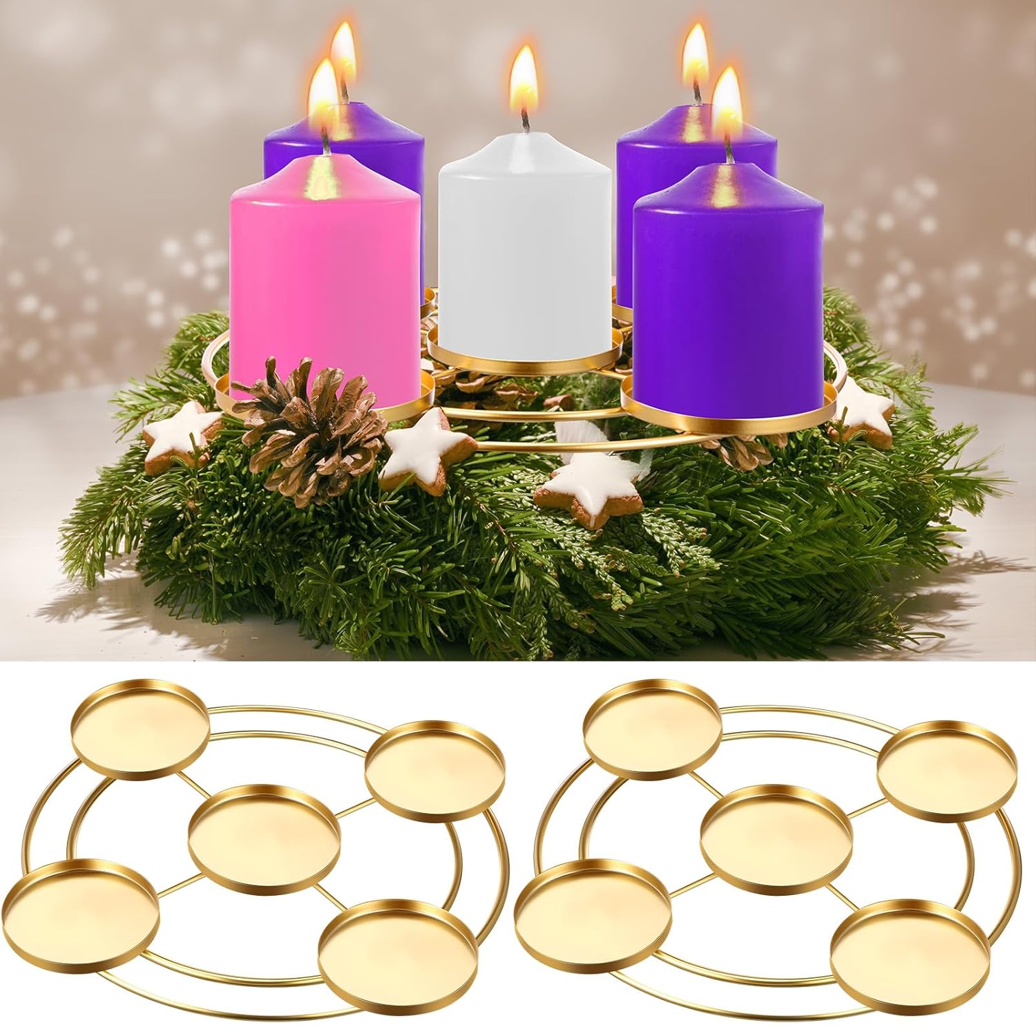 2 Pcs Christmas Advent Candle Wreath Ring Metal Candle Holder For Pillar Advent Rustic Candlesticks Holders For Xmas Table Centerpiece Decor Home (Wide,Round)