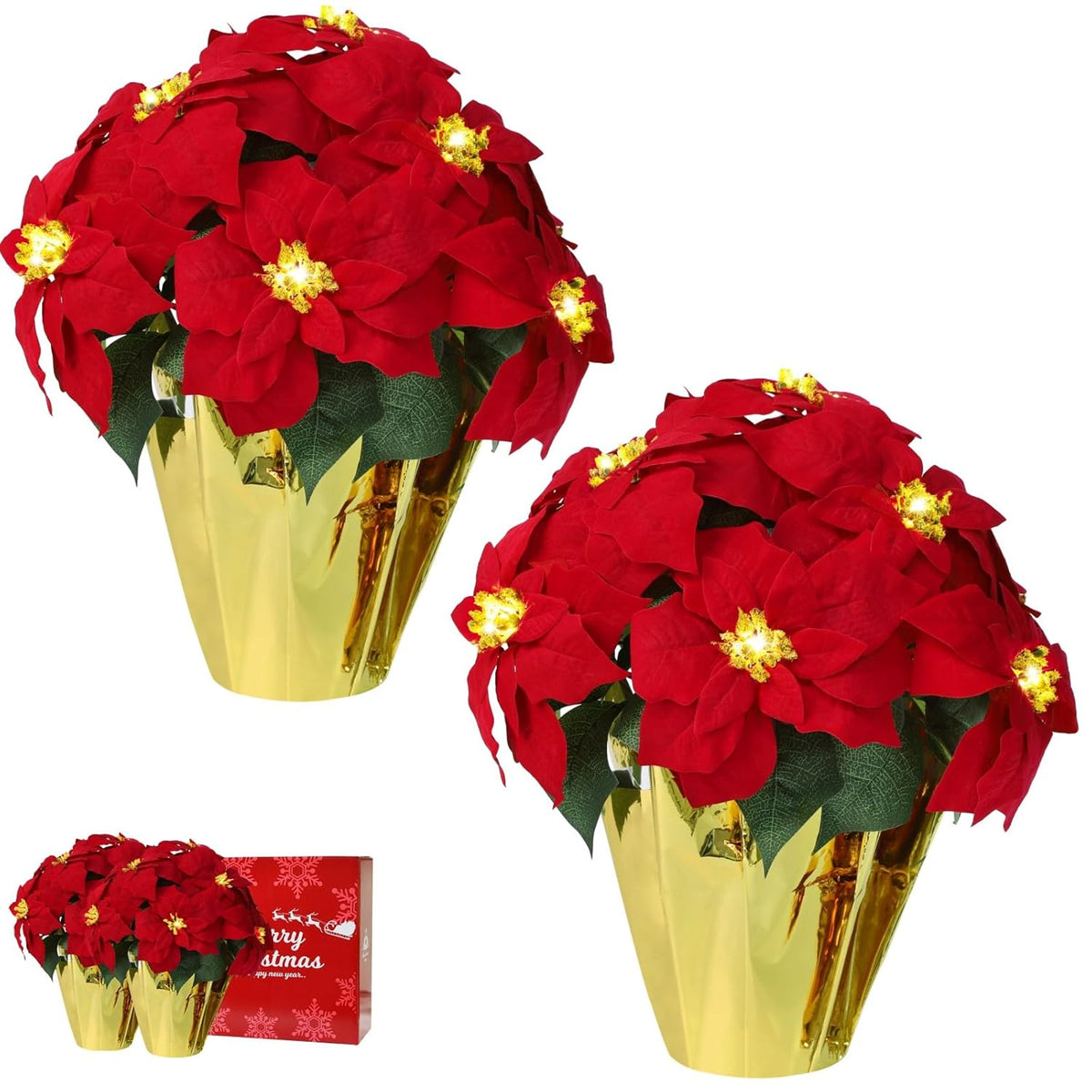 2 Pack 18" Lighted Large Artificial Poinsettias For Outdoors Led Poinsettia Flowers Artificial Faux Poinsettia Plants Poinsettia Christmas Decorations For Office Home Kitchen Decor