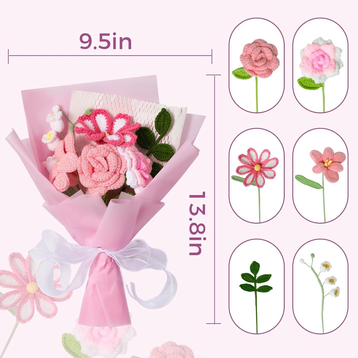 Crochet Flower Bouquet, Pink Rose Handmade Crochet Flowers Knitted Bouquet For Anniversary Birthday Party Mother'S Day Graduation Gifts For Her, Girlfriend, Wife, Women (Pink)