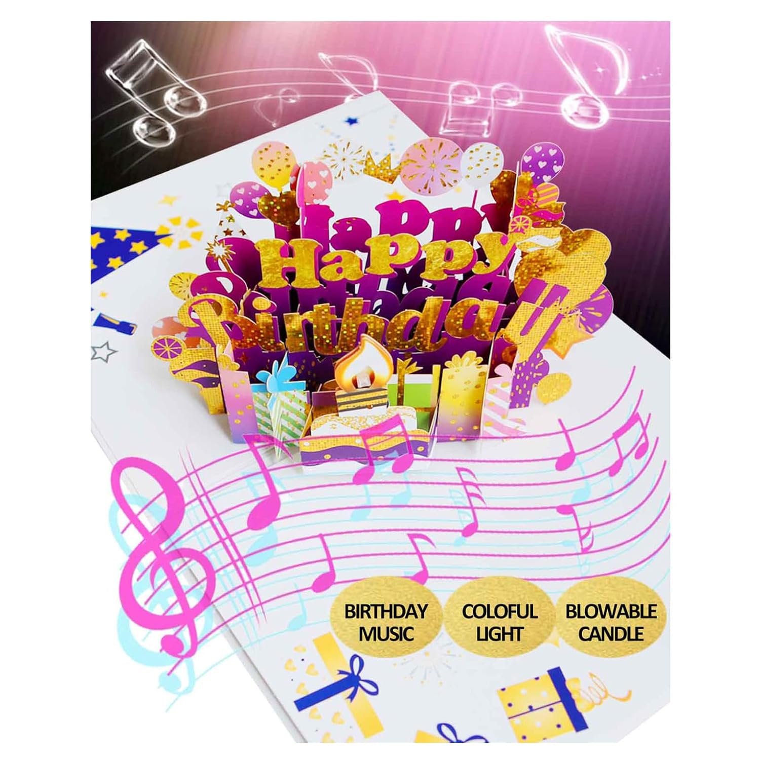 3D Pop Up Happy Birthday Cards, Musical Birthday Cards For Women, Men, Mom, Girl, Wife, Husband, Sister, Glitter Birthday Cake Blowable Candle Led Light, Birthday Decorations Gifts