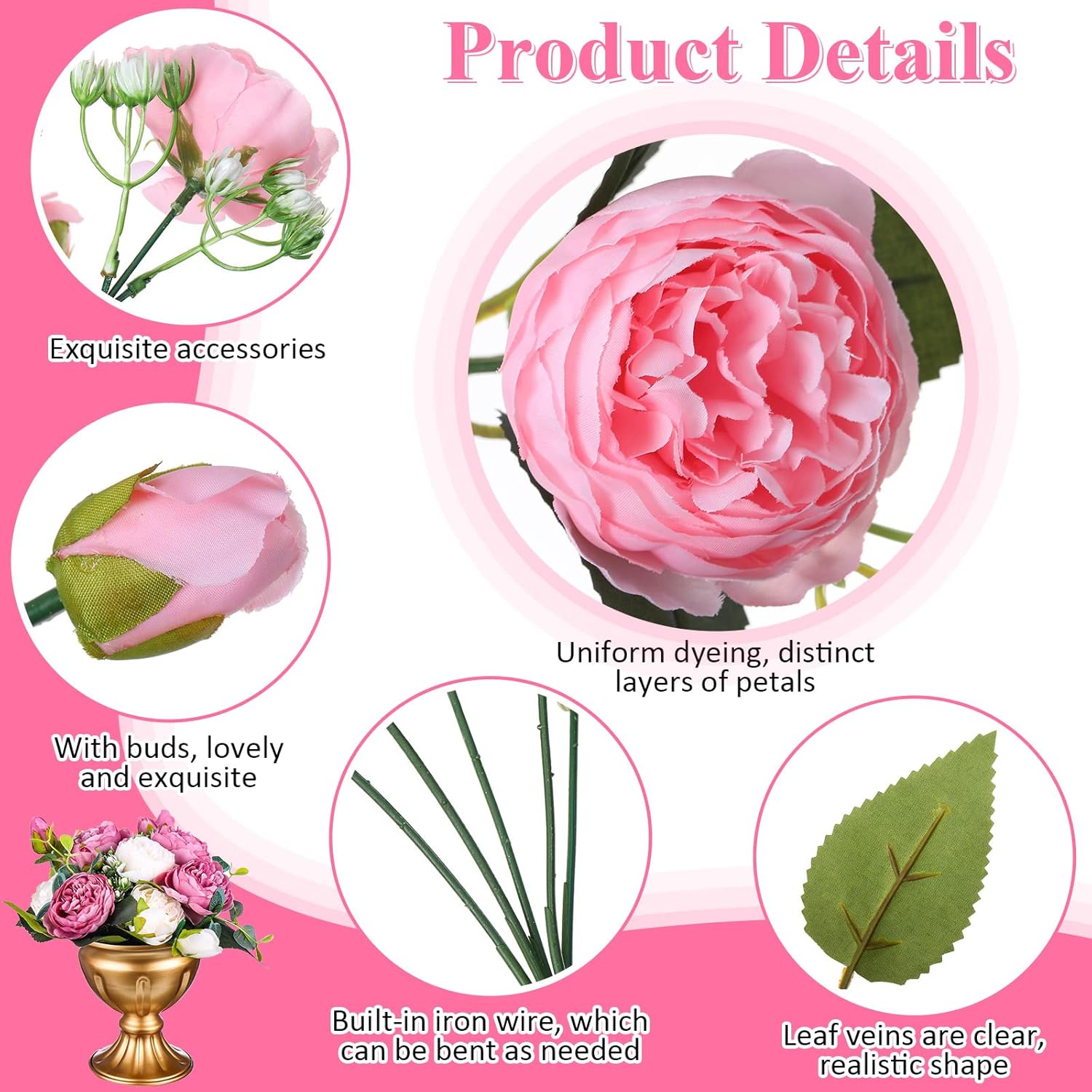 24 Bundles Artificial Peonies Flowers Wedding Faux Flowers Silk Peony Bouquet Bulk Bride Fake Florals Arrangements For Table Centerpieces Wedding ?Party Vase Decor (Light Pink, White)