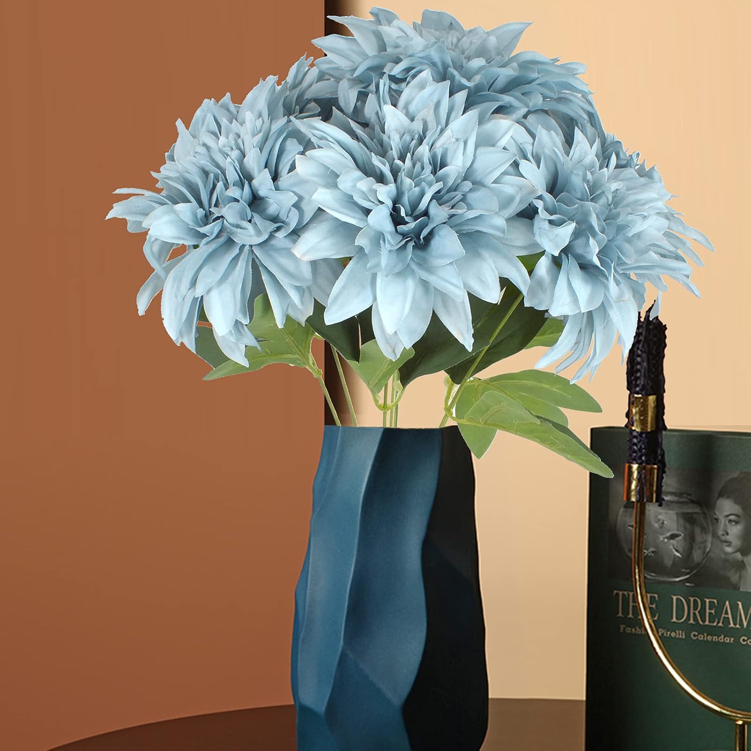 7 Heads Fake Dahlia Flower Bouquet Silk Dahlias Flowers Artificial Flowers Realistic Fake Flowers For Wedding Bride Party Home Hotel Office Diy Desk Decorations, Pack Of 1, Dusty Blue
