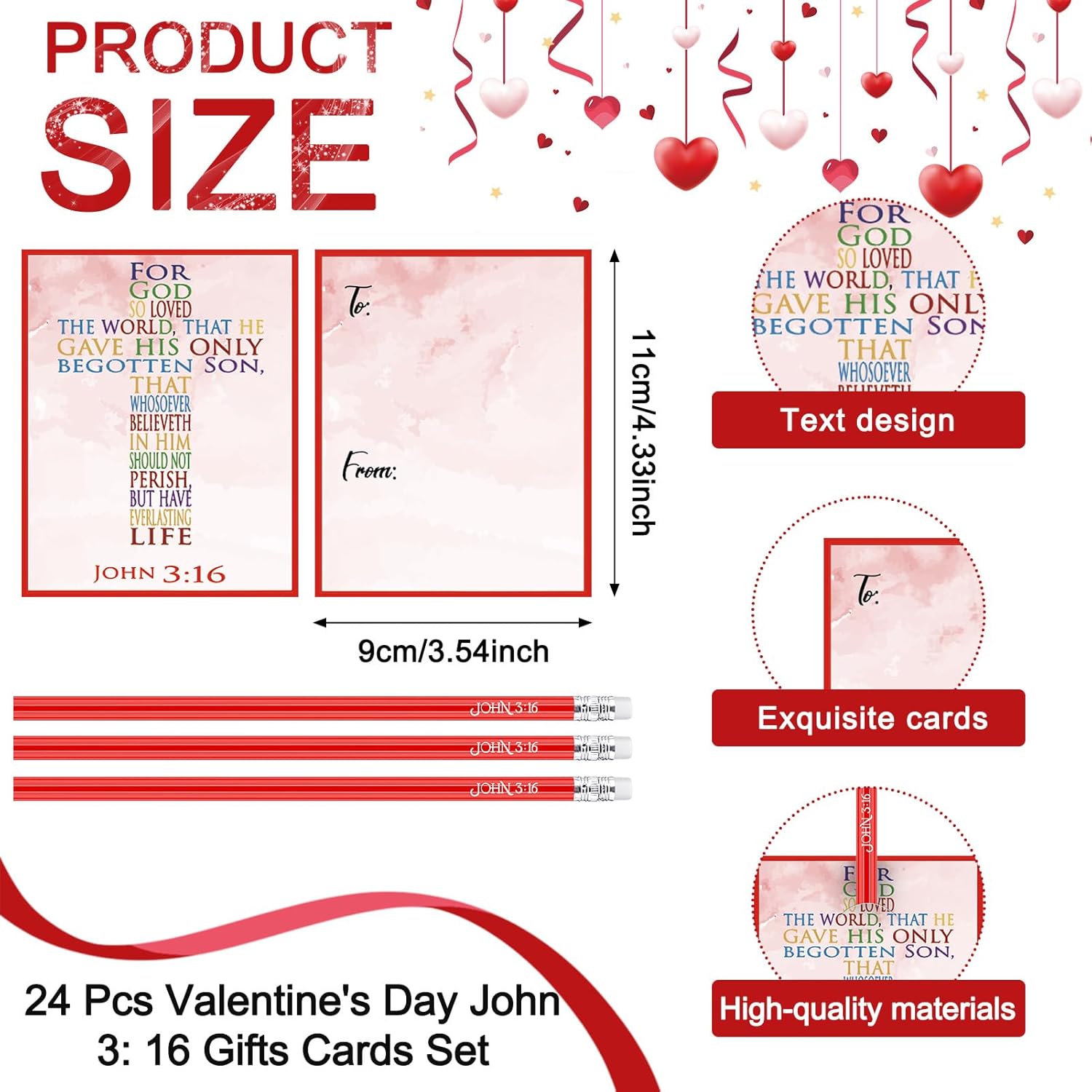 24 Set Christian Valentines Cards With Pencils For Kids John 3:16 Valentine Religious Card Exchange Bulk Gifts For Valentines Party Favor Sunday School Classroom Prizes