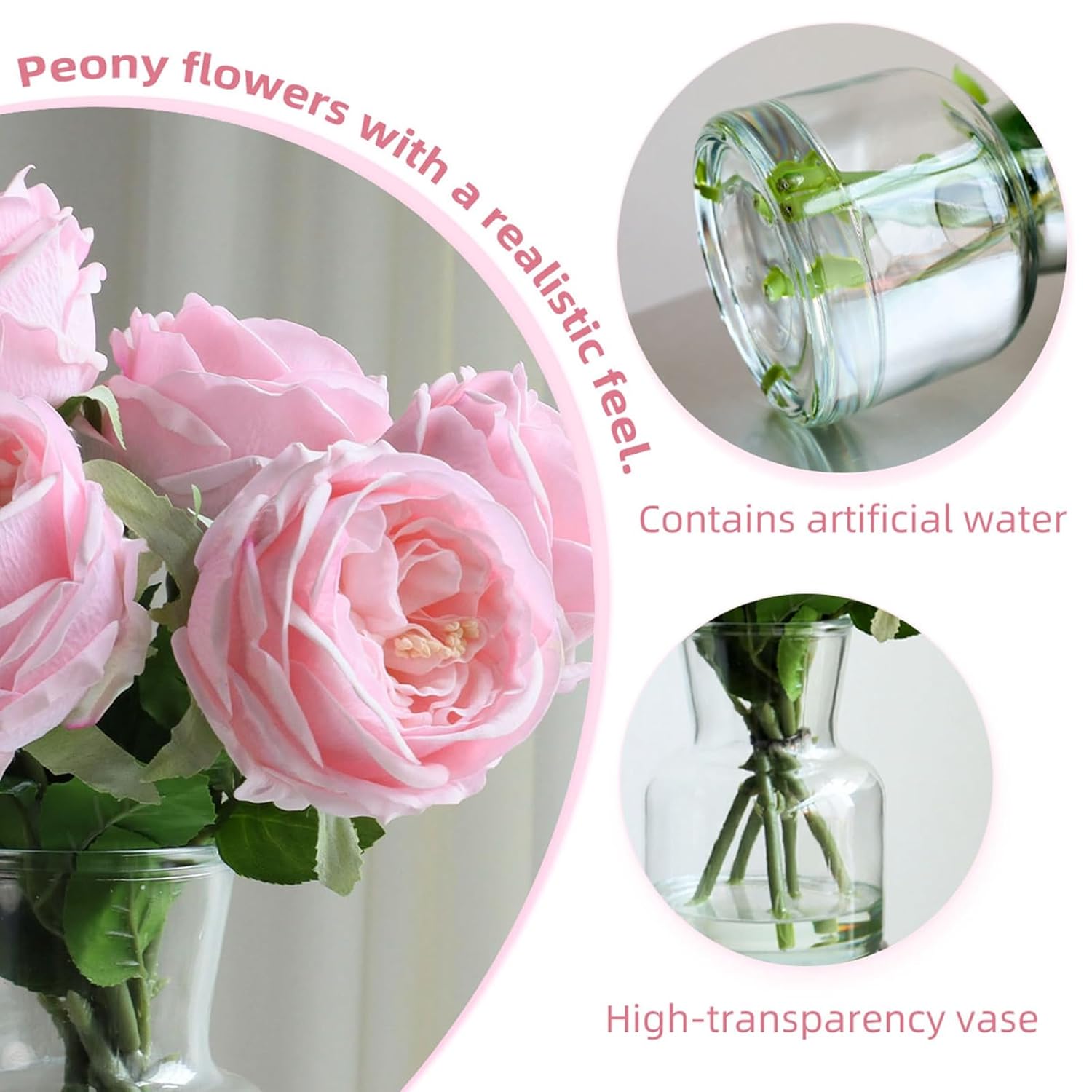 Vase With Artificial Flowers Home Decor, Pink Real Touch Peony Floral Arrangement With Faux Water Fixed Stems 11In Glass Vase For Coffee Table, Kitchen Counter, Bathroom, Desk Centerpieces