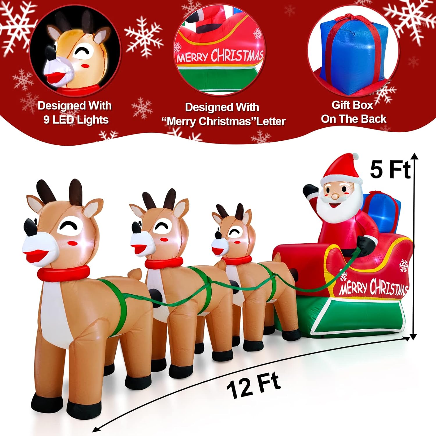 12 Feet Long Christmas Inflatable Decorations Outdoor Led Lighted Santa Claus On Sleigh Three Reindeer Deer Gift Box Blo