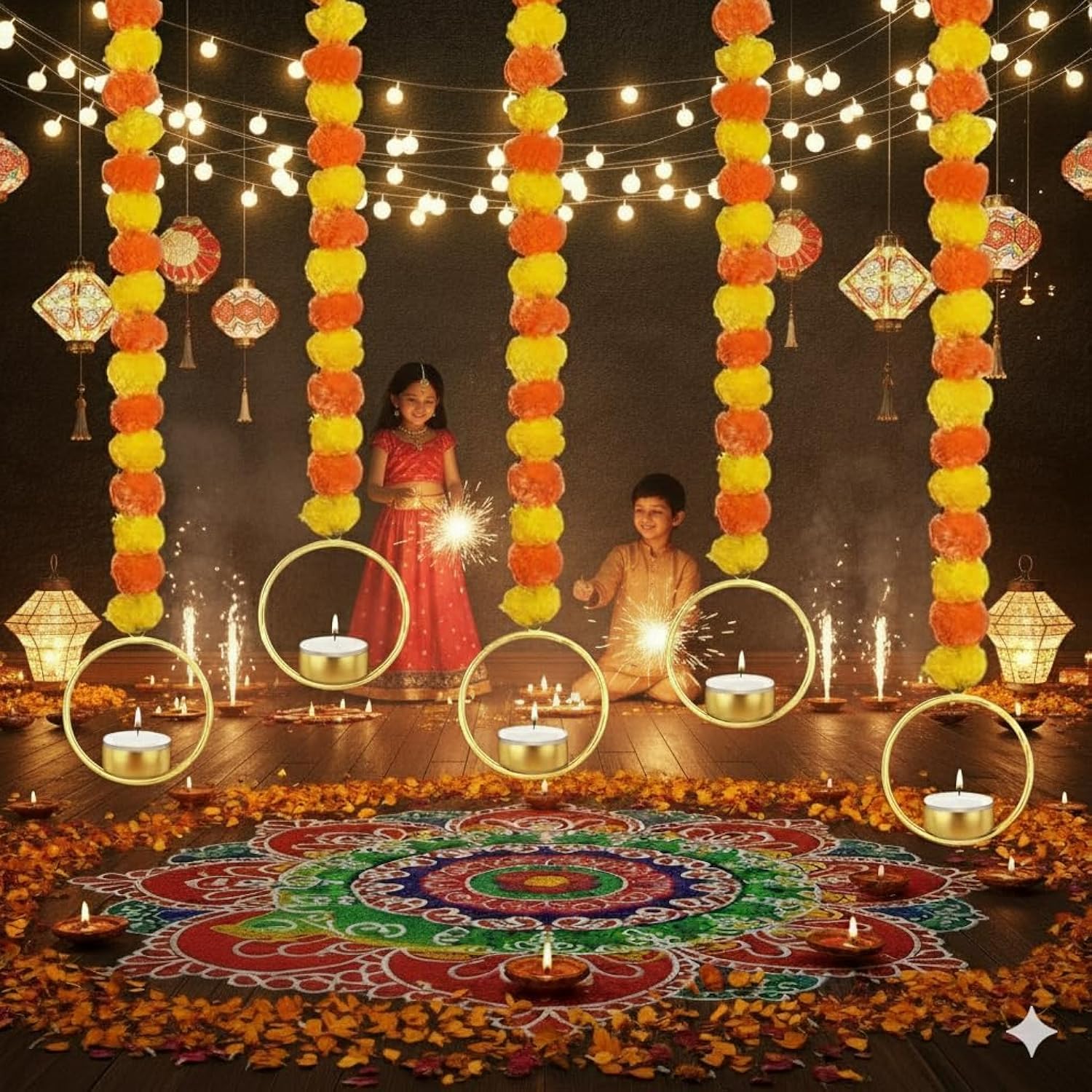 Marigold Garland For Decoration 5 Pcs Artificial Marigold Flowers, Indian Décor For Pooja, Diwali, Rangoli, Wedding, Christmas Decorations For Home (Ring, 50")