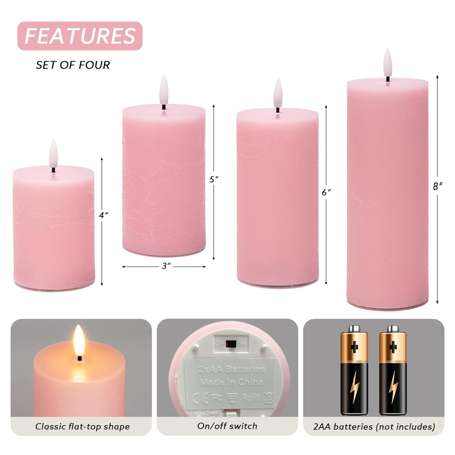 Pink Flameless Candles, Real Wax Pillar Battery Operated Candles, Flat Top Flickering Led Pillar Candles With Remote, 4 Pack Fake Candles For Home Party Wedding Romantic Night Decor