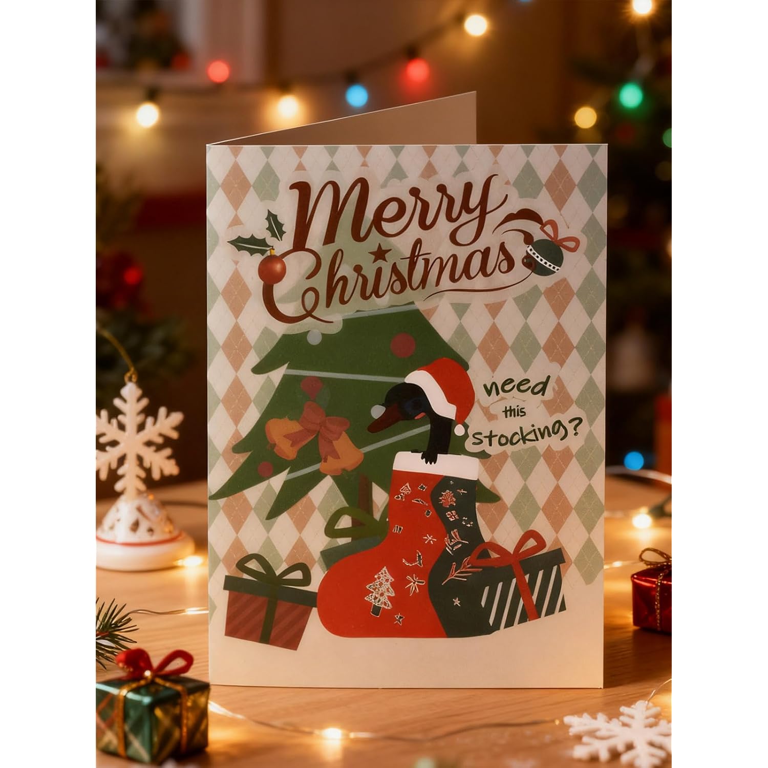 Merry Christmas Greeting Card, Need This Stocking Playful Holiday Greeting With Festive Scene For Family, Parents & Grandparents,Shimmering Pearl Finish Cardstock