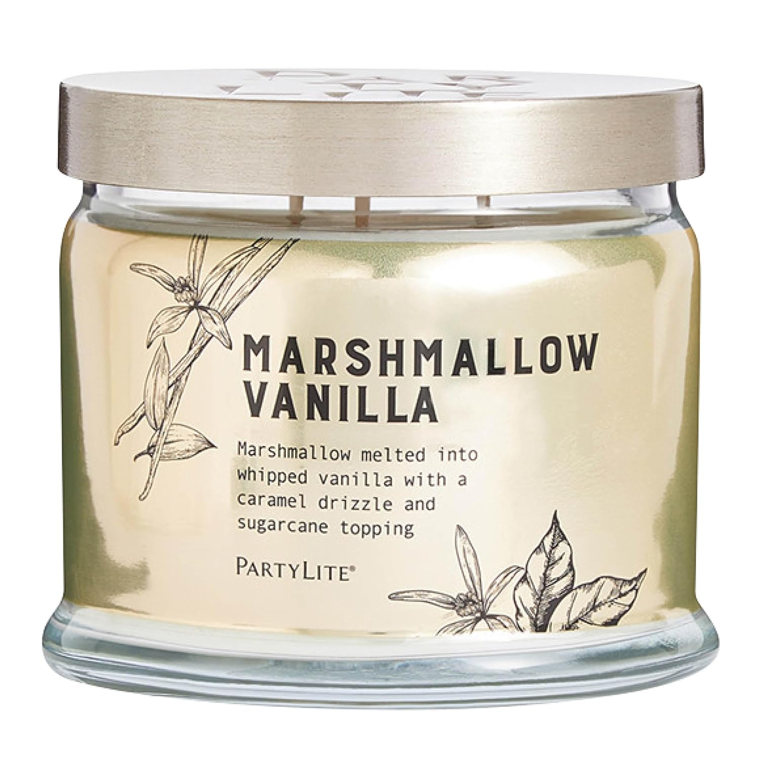 PartyLite Marshmallow Vanilla Scented with Caramel & Sugarcane Notes, 13.2oz 3-Wick Jar Candle, 45 Hour Burn Time, Luxurious Fragrance, Ideal for Gifting
