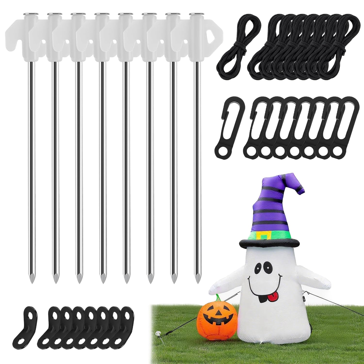 8 Pcs Metal Inflatable Stakes And Tethers Set, Heavy Duty Metal Ground Stakes With Ropes, Hooks & Adjusters, Yard Anchor