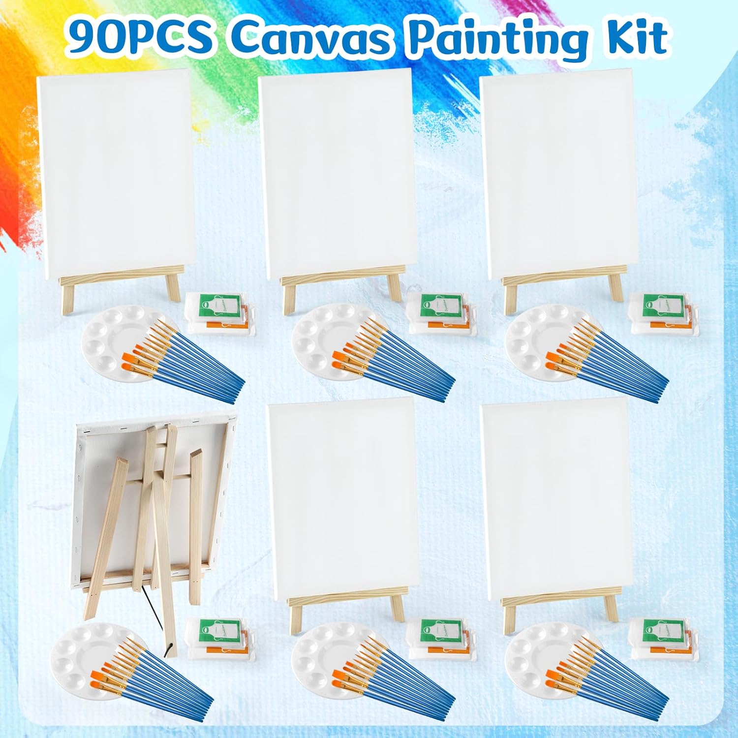 90 Pcs Painting Kits For Adults With 6 Easels+6 Canvases+12 Aprons+60 Brushes+6 Palettes Value Painting Supplies For Sip And Paint/Painting Party Date Night Painting Set For Kids,Students, Beginner
