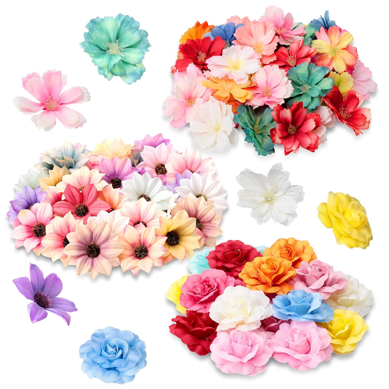 100 Pcs 100 Pcs Spring Assorted Small Flower Decorative Fake Flower Heads Bulk Silk Artificial Diy Faux Mini Daisy Rose Plum Craft For Wedding Cake Mother'S Day Party Wreath Home (Bright)