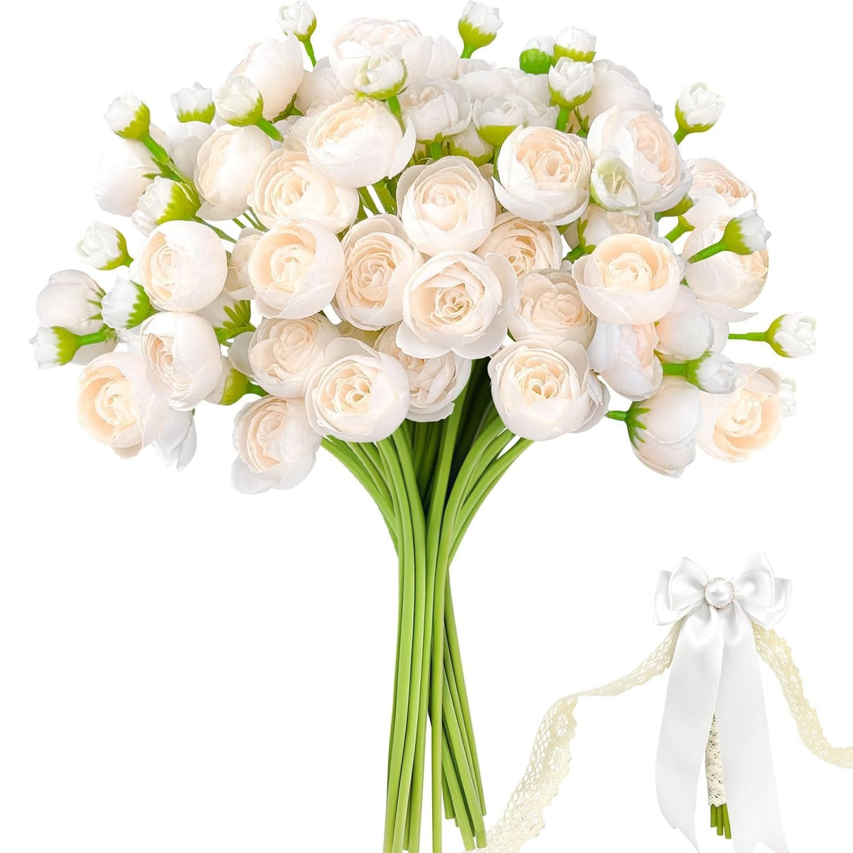 24 Pcs Ranunculus Artificial Flowers With Bows, Ribbons And Pearl Pins, Faux Silk Mini Peonies Artificial Flowers For Diy Wedding Bouquets, Bridal Shower Decorations And Home Table Decorations,Cream