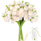 24 Pcs Ranunculus Artificial Flowers With Bows, Ribbons And Pearl Pins, Faux Silk Mini Peonies Artificial Flowers For Diy Wedding Bouquets, Bridal Shower Decorations And Home Table Decorations,Cream