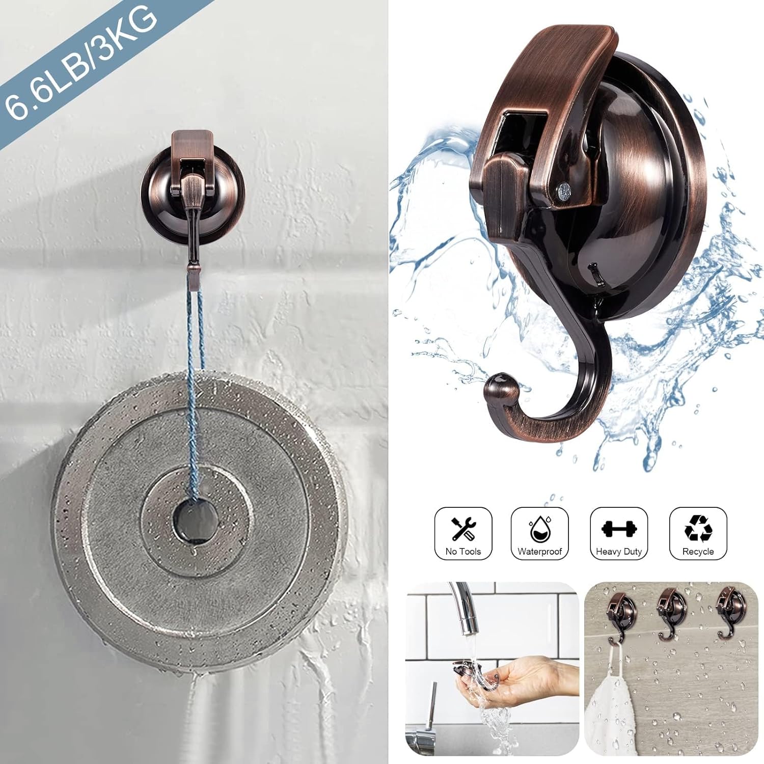 Suction Cup Hooks For Shower, Bathroom, Kitchen, Glass Door, Mirror, Tile – Loofah, Towel, Coat, Bath Robe Hook Holder For Hanging – Waterproof Wreath Hanger (2, Red Bronze)