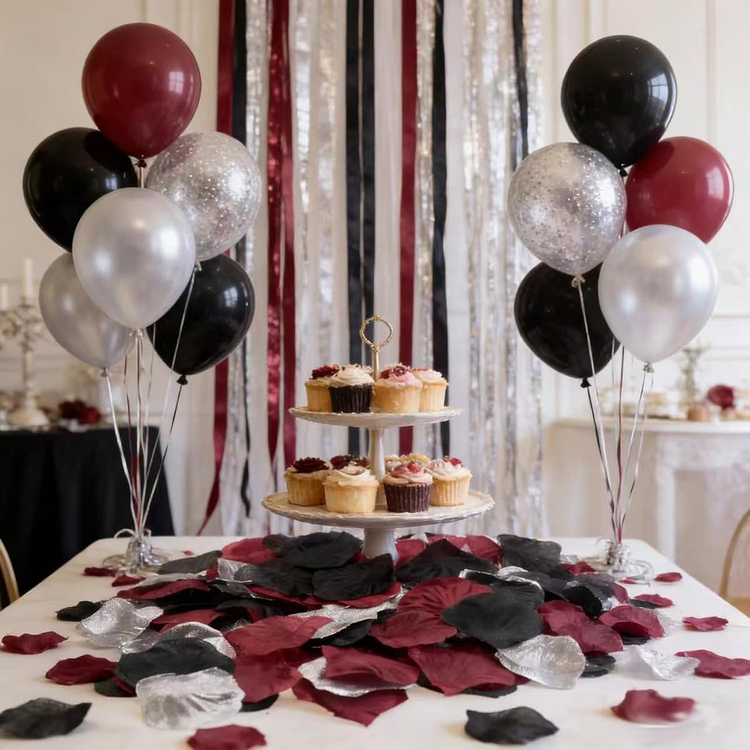 900 Pcs Burgundy Black Silver Rose Petals For Romantic Night - Maroon Artificial Silk Flower Petals For Wedding Aisle Decor, Flower Girl Scatters, Anniversary, Bridal Shower & Table Centerpieces