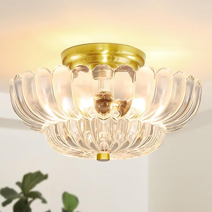 Vintage Gold Glass Ceiling Light Semi Flush Mount Mid Century Modern Fixture