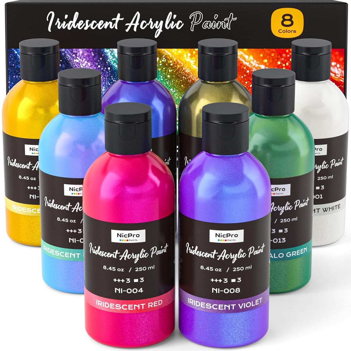 8 Colors Iridescent Acrylic Paint, 8.45Oz / 250Ml Large Bulk Metallic Acrylic Paint,Color Shifting & Non-Toxic Art Painting Supplies For Canvas Fabric Rock Wood With Color Wheel