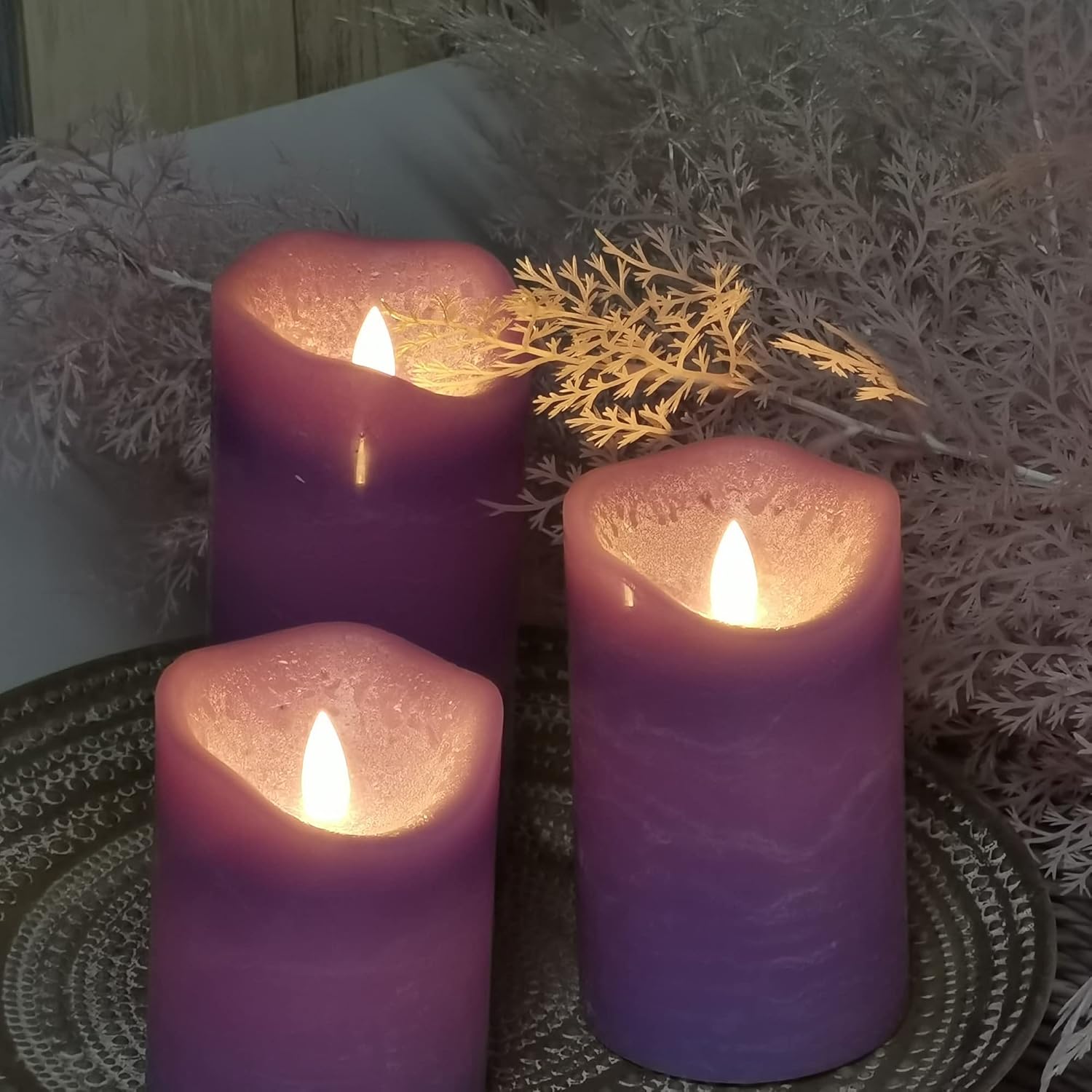 Battery Operated Led Flameless Pillar Candles With Timer And Remote Flickering Electric Bright Real Wax Candles For Home Decor Wedding Birthday Party Decorations, 3Pack D 3" X H 4"5"6"(Purple)