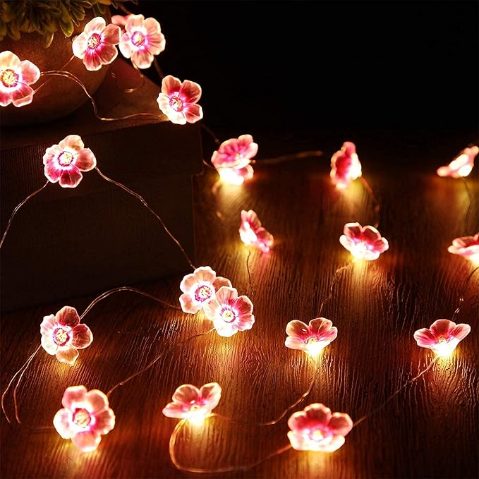 Cherry Blossom Flower String Lights 13FT 40 LED Pink Fairy Lights USB and Battery Operated Decorative Lights for Bedroom Indoor Outdoor Party Home Decor