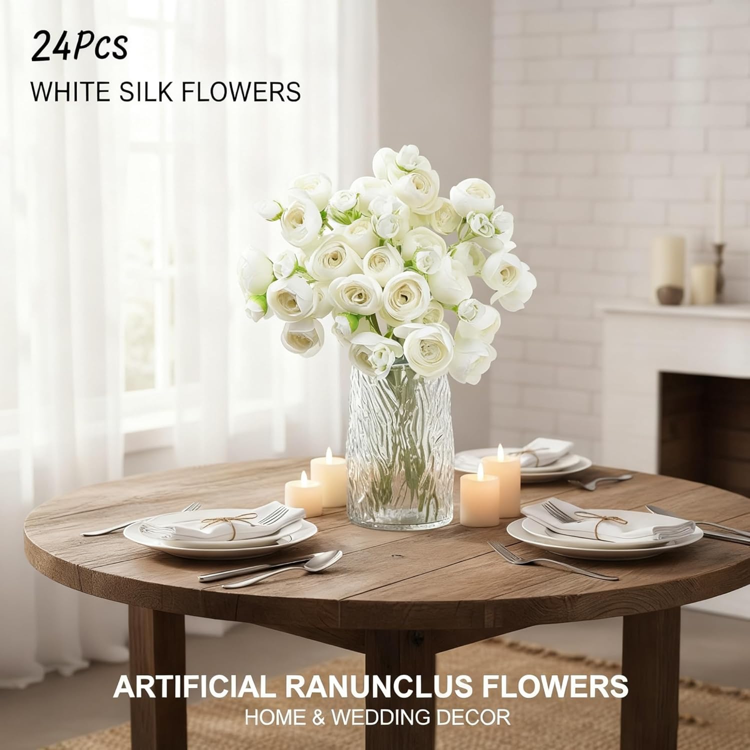 24 Pcs Ranunculus White Fake Flowers, Faux Flowers Bouquet With Long Trimmable Stems For Wedding Home Decor, Artificial Flowers For Decoration Centerpieces Bridal Shower Arrangements