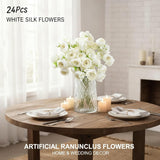 24 Pcs Ranunculus White Fake Flowers, Faux Flowers Bouquet With Long Trimmable Stems For Wedding Home Decor, Artificial Flowers For Decoration Centerpieces Bridal Shower Arrangements