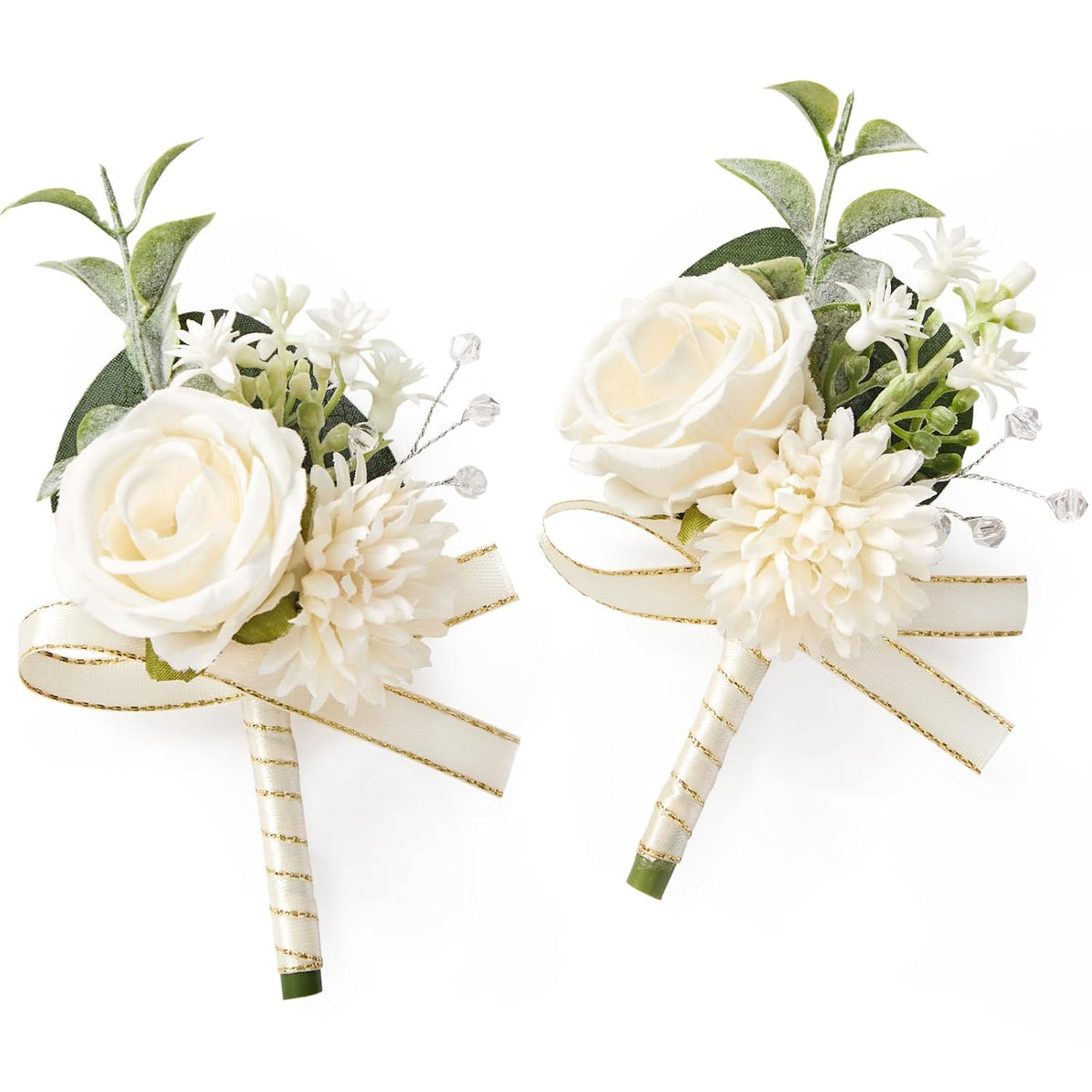 2 Pcs White Boutonniere For Men, Groom Groomsmen Best Man Guest Boutonnieres, Artificial Flowers Silk Rose For Wedding Prom Ceremony Anniversary Party Homecoming