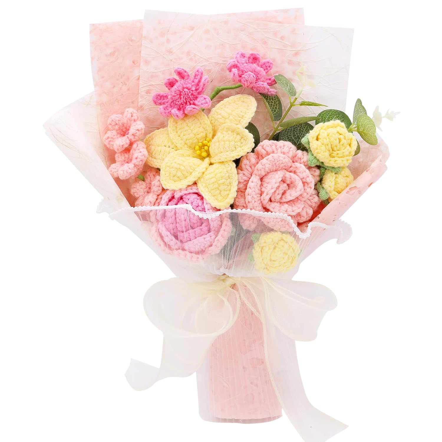 Crochet Flowers, Finished Bouquet, Cotton Thread, Handmade, Gift For Lover, Friend, Teacher, Wedding Anniversary, Mixed Flowers, Crochet Bouquet, Artificial Flower (Pink&Yellow)