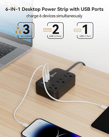 Flat Plug Power Strip USB C 5Ft Cord Cruise Ship Approved No Surge