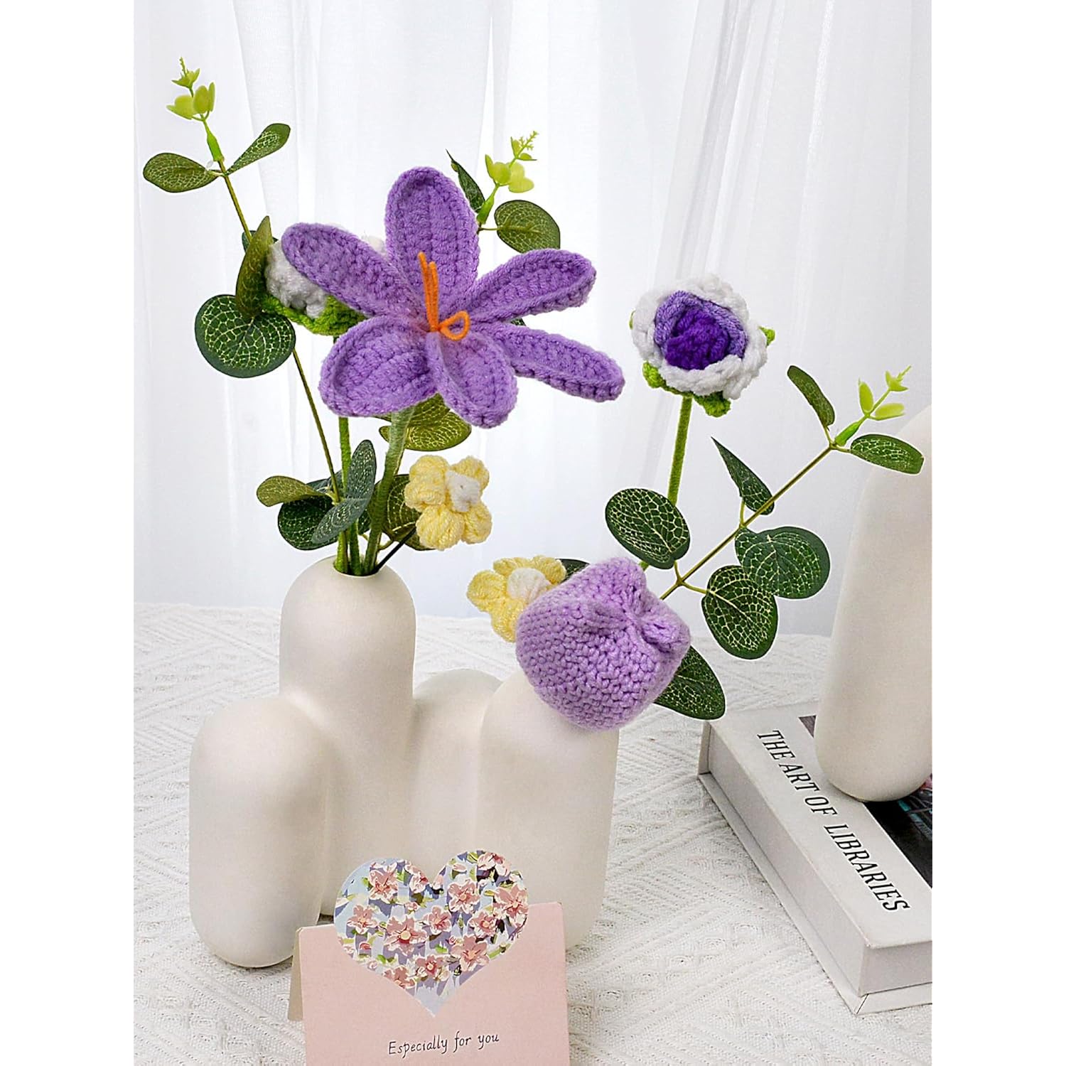 Knitted Flowers Bouquet - Crochet Tulips Roses Daisies Knit Flowers For Mother'S Day Wedding Anniversary Birthday Teacher Appreciation Gifts Home Décor Purple