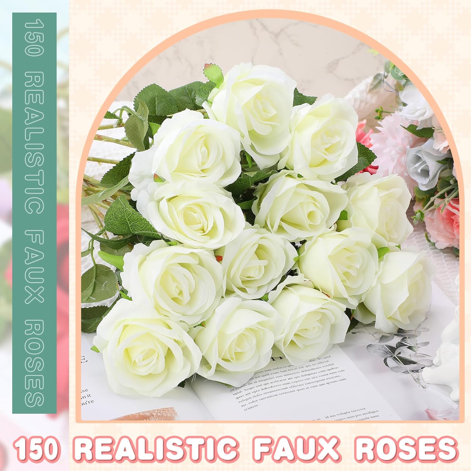 150 Pcs Artificial Silk Roses Flowers Bulk For Weddings, Valentine'S Day & Home Decor - Realistic Long Stem Flowers(White)