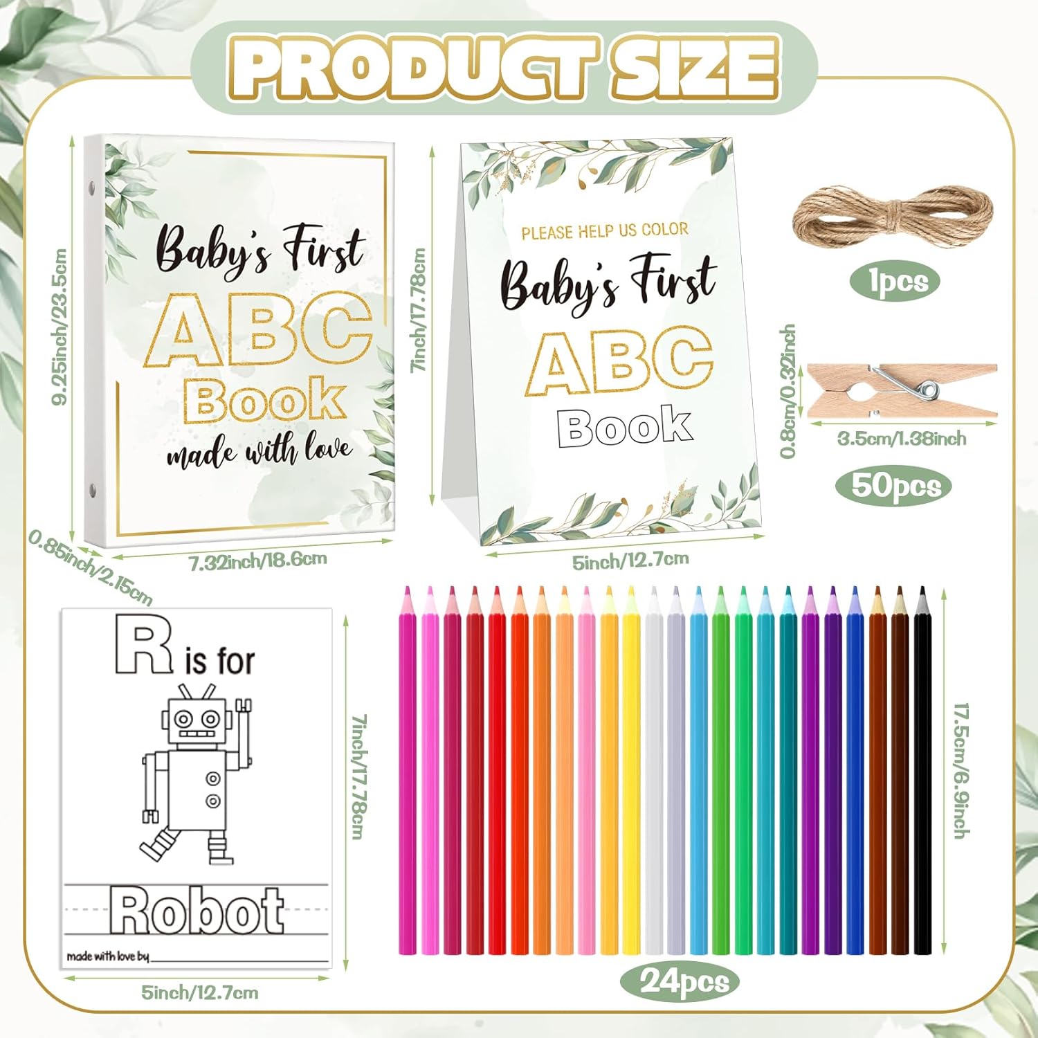 Baby Shower Game First Abc Book Baby Shower Activity Keepsake Game Abc Coloring Guest Book Alternative First Alphabet 26 Alphabet A To Z Coloring Card(Greenery)