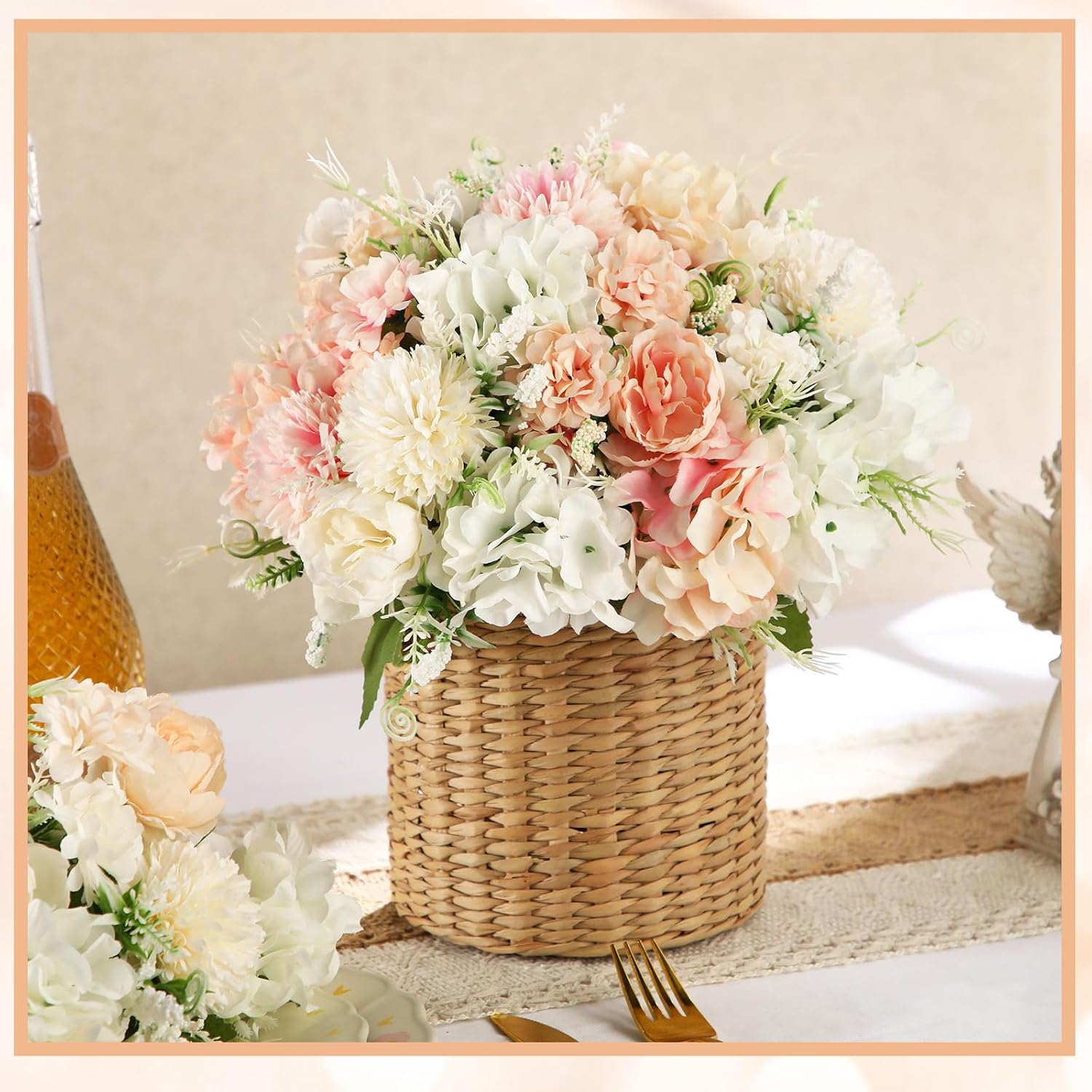 Artificial Flowers Artificial Peonies Silk Flowers Faux Peony Fake Peony Silk Hydrangea Bouquet For Wedding Table Centerpiece Floral Vase Decor(White,Pink,6 Bundles)