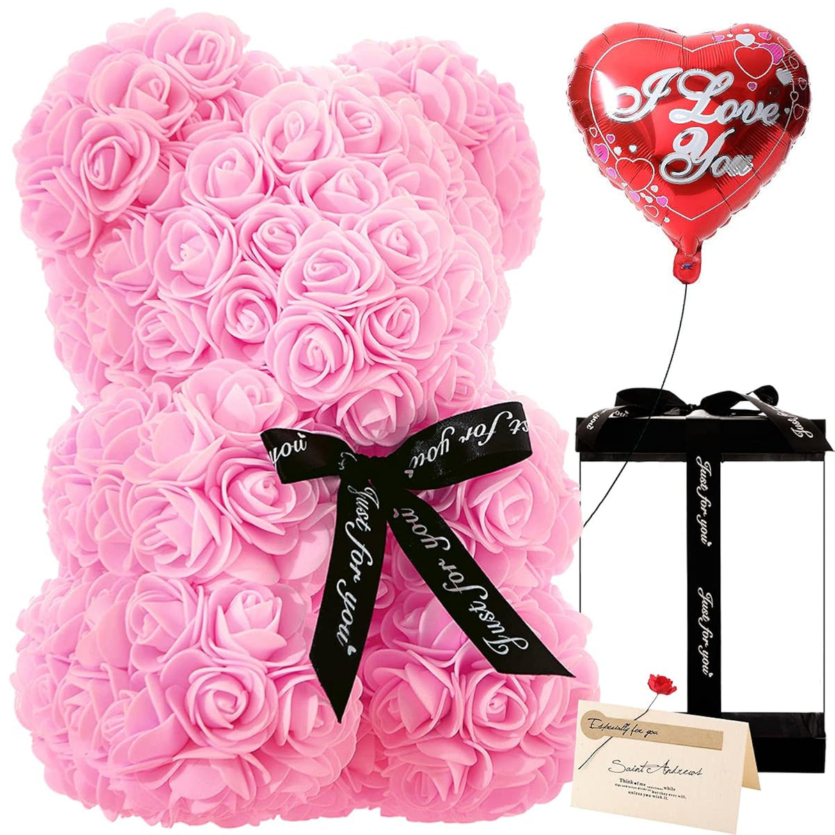 Gifts For Women - Rose Flower Bear - Rose Bear,Pure Handmade Rose Teddy Bear,Gift For Mothers Day,Valentines Day, Anniversary And Bridal Showers,W/Clear Gift Box And Greeting Card (Light Pink)