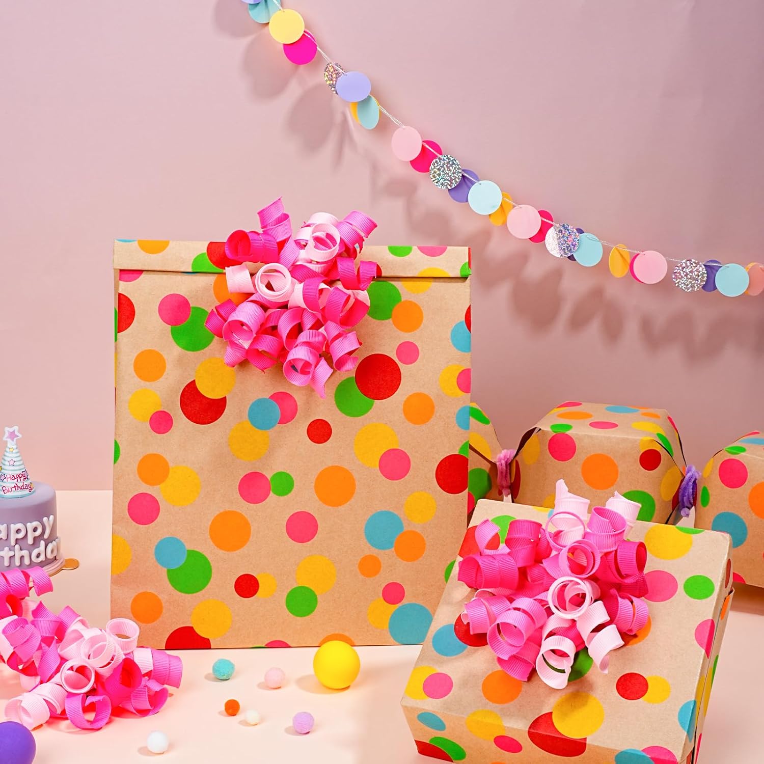 Kraft Wrapping Paper Roll Colorful Polka Dots Design Perfect For Birthday Holiday Wrap 17 Inch X 33 Feet