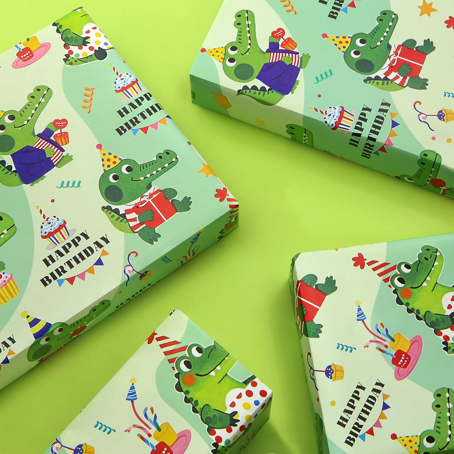 Green Wrapping Paper 6 Sheet,Crocodile Wrapping Paper Birthday,Happy Birthday Alligator Gift Wrap Paper For Crocodile Jungle Tropical Safari Animals Boys Kids Birthday Baby Shower Party