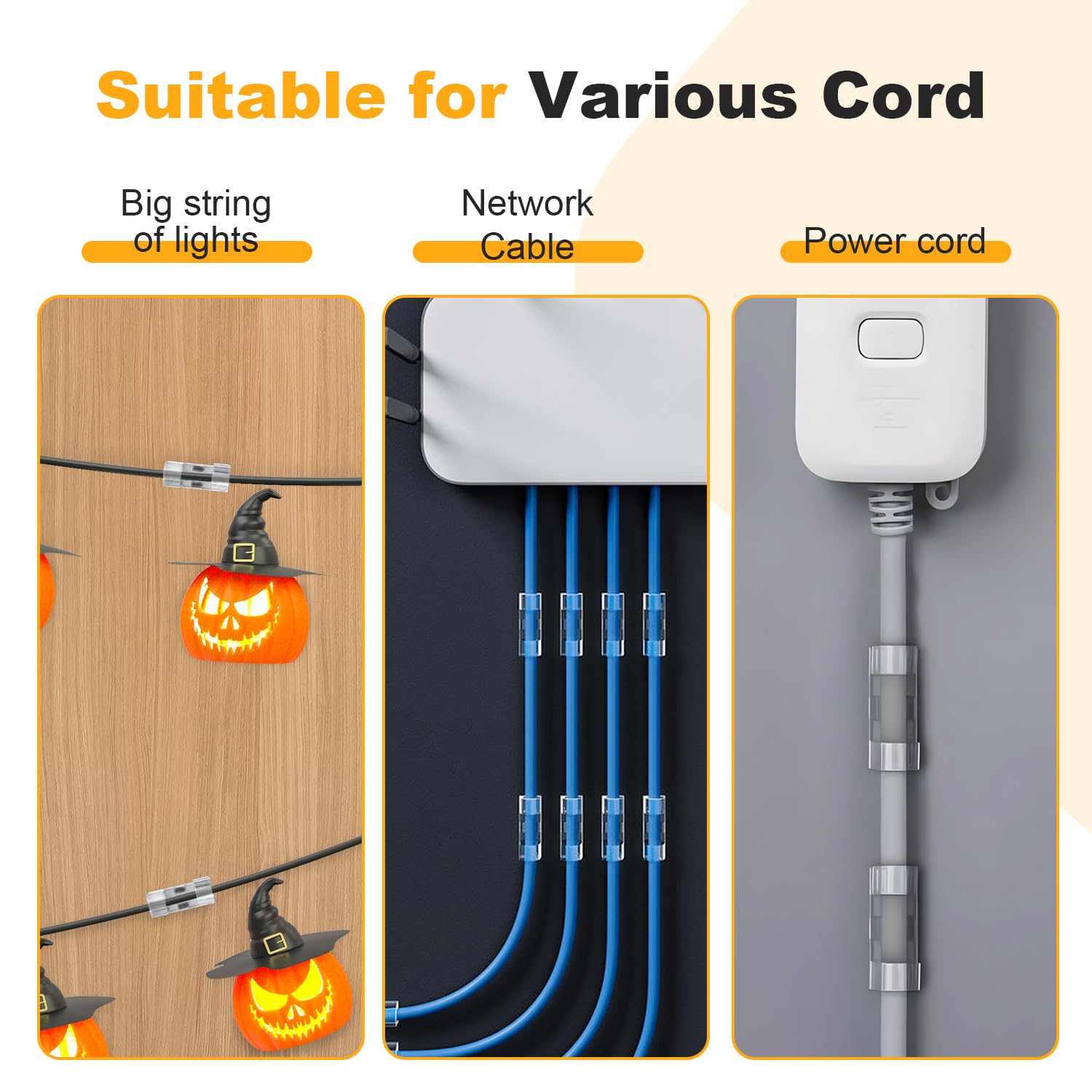 40Pcs Uv-Resistant Hooks For Outdoor String Lights Clips, Heavy Duty Cable Clips With Waterproof Adhesive Strips For Hanging Halloween & Christmas Lights,Clear Sticky Cord Holders Rope Organizer(L)