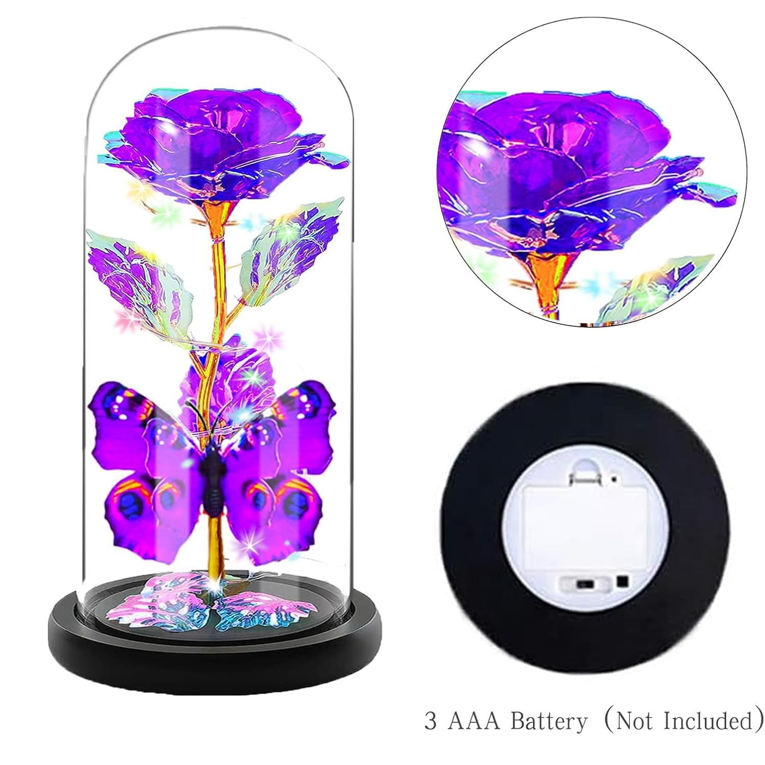 Valentines Day Rose Glass Flowers Gifts For Her, Galaxy Crystal Light Up Rose In A Glass Dome, Valentines Day Gifts For Mom Wife, Valentine Birthday Gifts For Women,Purple Butterfly
