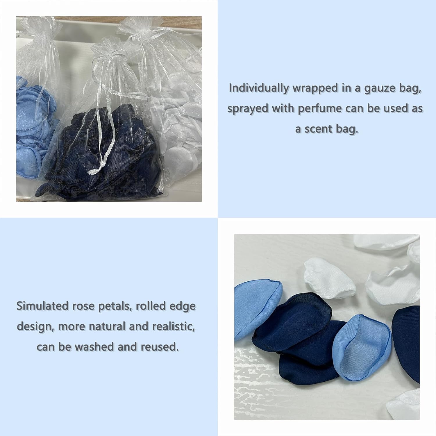 300 Pcs Artificial Rose Petals Separated Flower Petals Silk Petals Scatter Petals For Wedding Flower Table Anniversary Centerpieces Party Decoration (White, Light Blue, Navy)