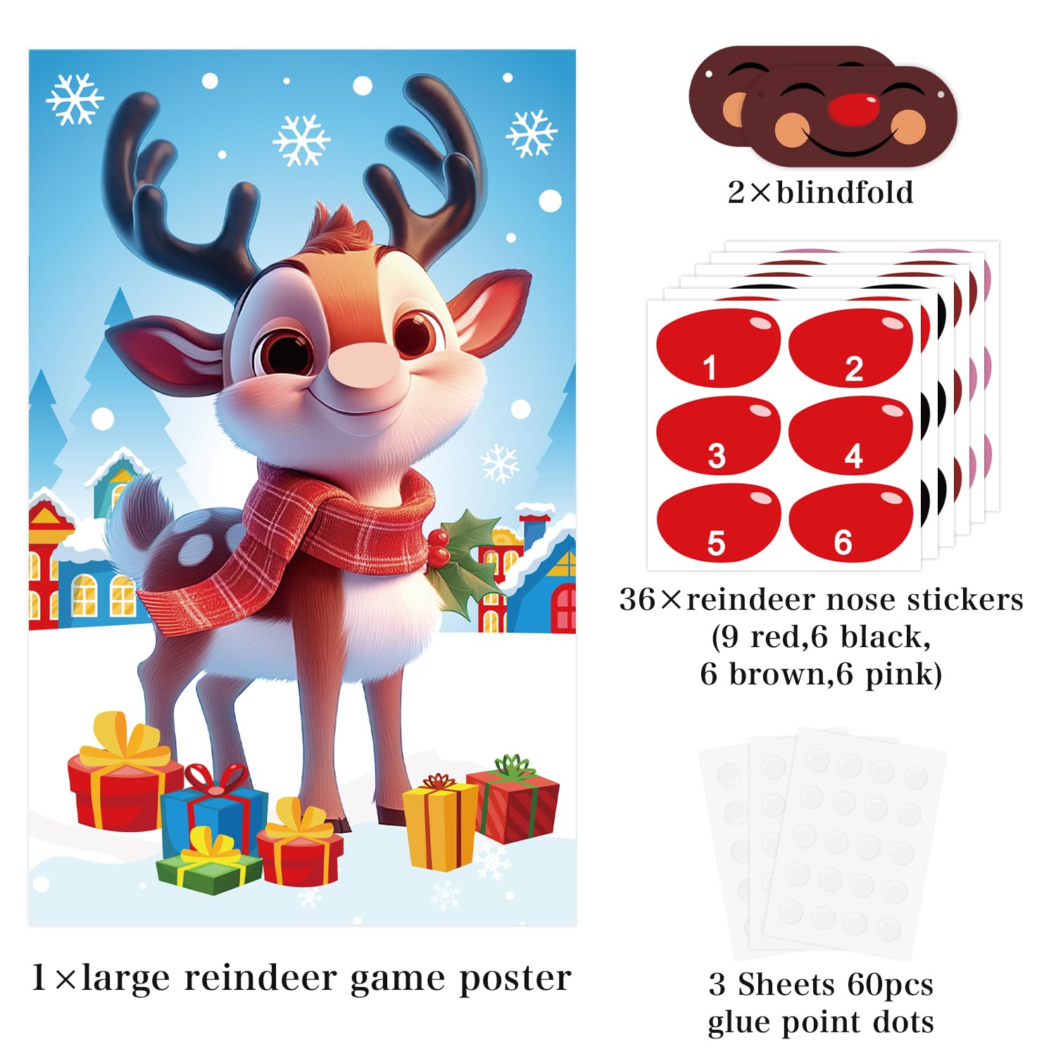 Pin The Nose On The Reindeer, Cute Christmas Pin The Nose On Rudolph Game Holiday Games For Kids Winter Party Game With Blindfold