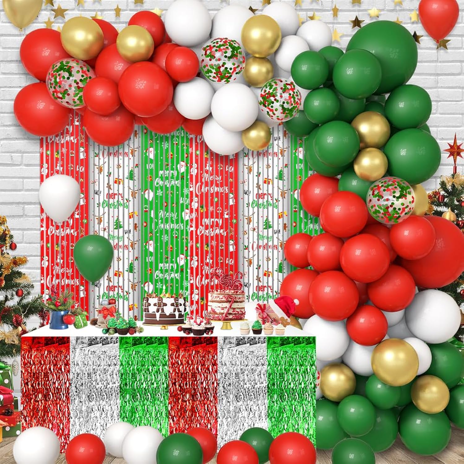 140Pcs Christmas Party Balloon Set, Merry Xmas Balloons With Table Skirts And Foil Fringe Tinsel Curtains For Winter Holiday Party Decorations