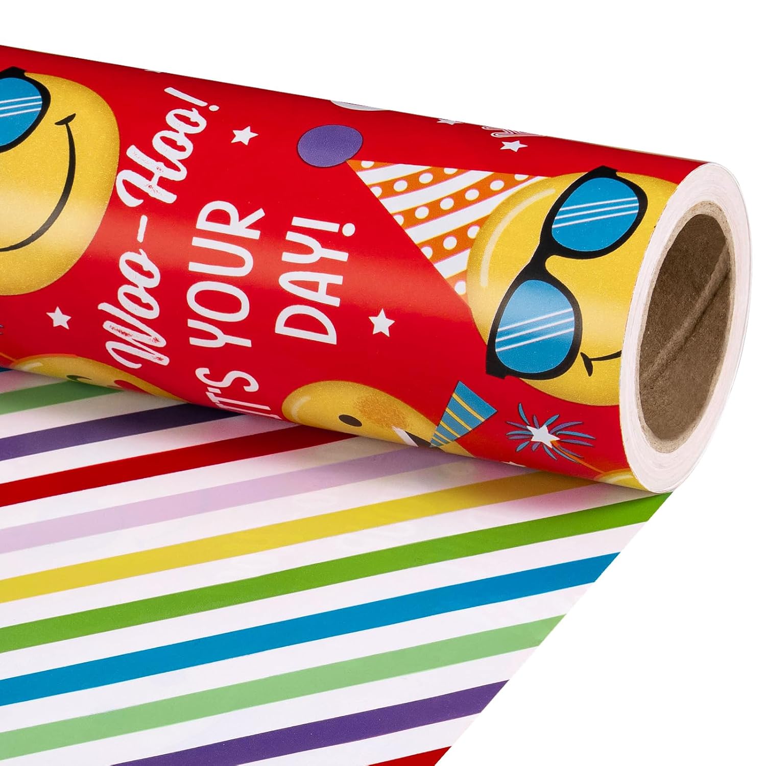 Reversible Funny Birthday Wrapping Paper Roll, Mini Roll, Funny Emoji Party Faces And Red Happy Birthday Design Gift Wrap For Boys Kids, Fun Celebrations, 17 Inches X 16.4 Feet