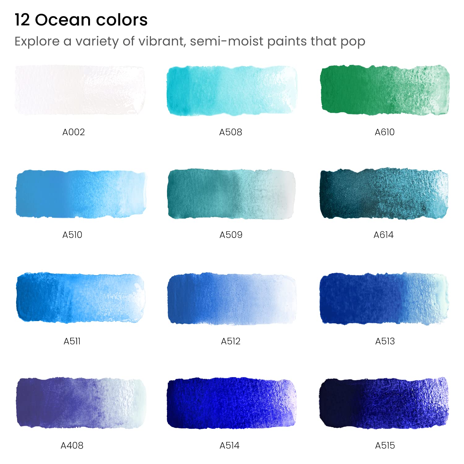 Watercolor Paint Set, 12 Ocean Tones Half Pans, Watercolor Set With Brush, Semi Moist Water Colors