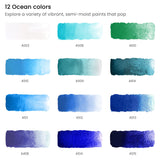 Watercolor Paint Set, 12 Ocean Tones Half Pans, Watercolor Set With Brush, Semi Moist Water Colors