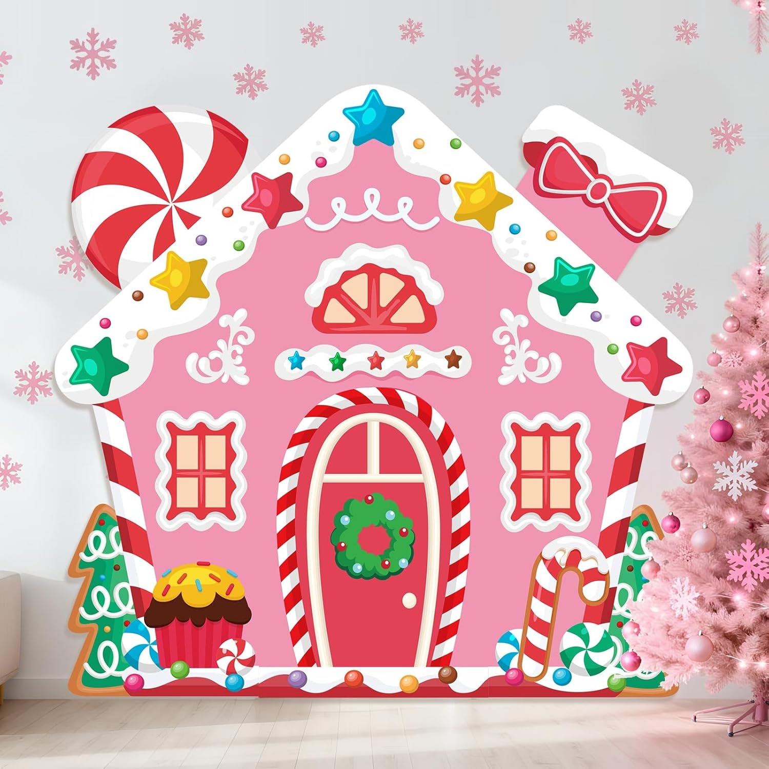 4 Pcs Christmas Gingerbread House Door Decorations Candy Cane Wreath Snowman Christmas Tree Gingerbread House Porch Banners For Holiday Classroom School Office Wall Display (Pink)