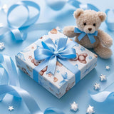 Bear Bow Wrapping Paper Roll For Baby Boy, Mini Roll, Blue Bear With Heart, Bow And Star Gift Wrap Paper For Baby Shower, Birthday And Special Occasions, 17 Inches X 16.4 Feet